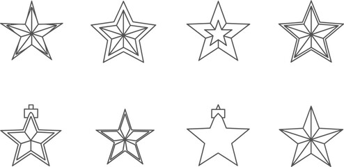 Fototapeta premium Collection of eight stylized five-pointed star outline icons showcasing various geometric designs perfect for holiday decorations or award emblems.