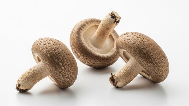 Fresh shiitake mushrooms, three brown mushrooms on white background