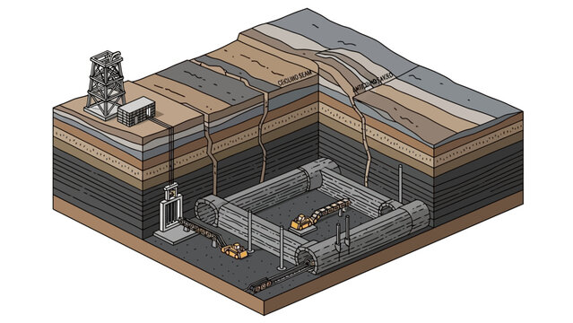 Isometric Cross-Sectional View of Underground Mining and Drilling Operations.