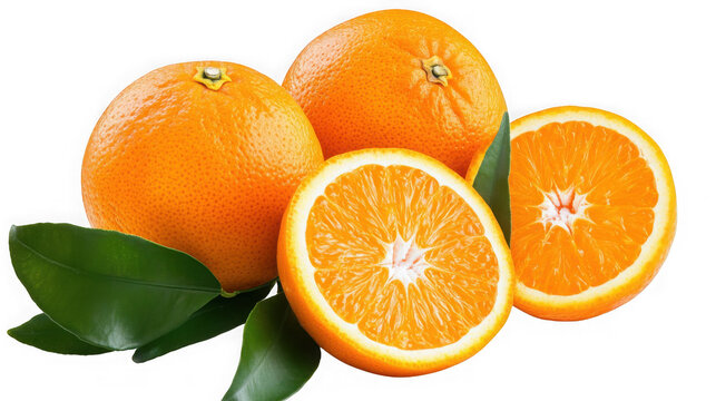 Vibrant whole and halved oranges with fresh green leaves offer a burst of citrus energy perfect for healthy eating concepts and juice advertisements