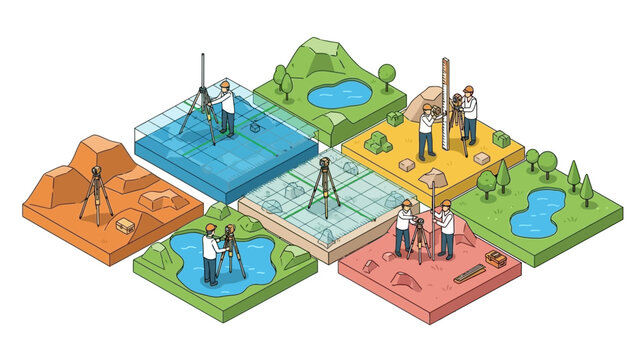 Isometric illustration of land surveying and mapping various terrains.