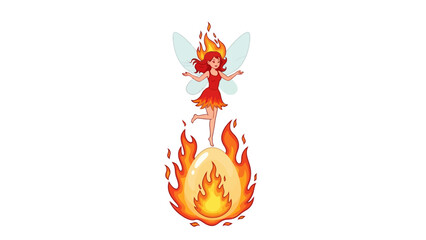 Pixel art fairy with flaming hair standing on a flaming egg