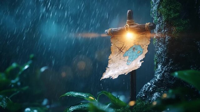 A pirate map pinned to a tree in a storm, white background