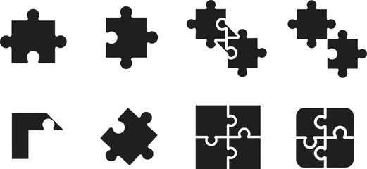 Naklejka premium Assortment of black puzzle piece icons illustrating connection and problem solving Keywords: puzzle piece jigsaw puzzle single puzzle piece