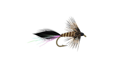 Realistic illustration of a fishing lure with brown and black feathers