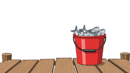 Red bucket filled with fish on a wooden dock