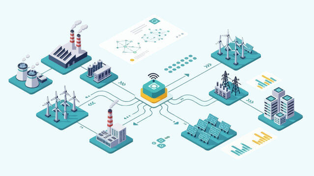 Isometric Smart Grid Network with Renewable Energy and Industrial Facilities.
