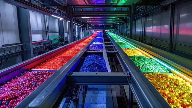 Long industrial conveyor sorts colorful produce illuminated by vibrant, overhead lighting