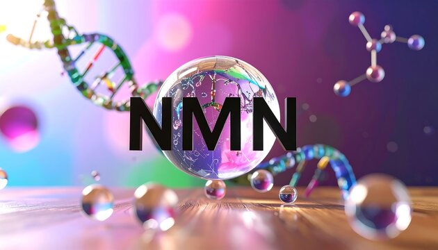 A vibrant, science-themed composition featuring a DNA helix, a sphere with a molecule, and the large letters NMN. Bubbles