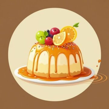 Illustration of pudding with fruit topping on top and yellow syrup sauce 