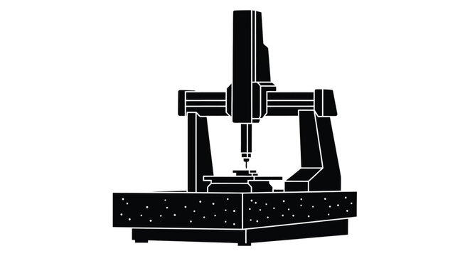 A black silhouette of a coordinate measuring machine on a white background