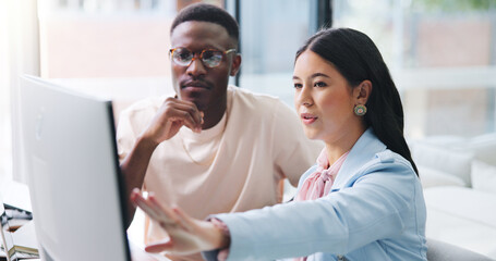 People, research and conversation in office with computer, web design advice or software...