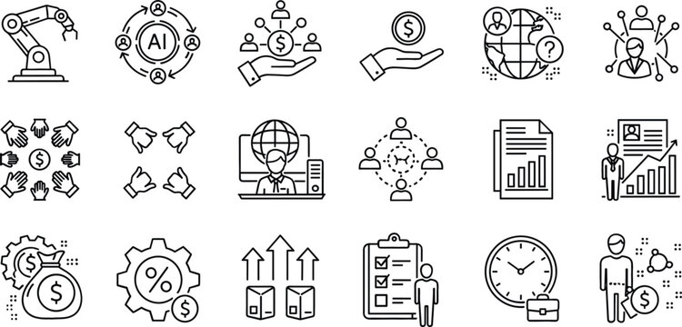 Artificial intelligence and business automation line icon set with robotics analytics finance and global technology concepts