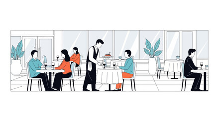 A minimalist illustration depicts a fine dining restaurant scene with patrons enjoying meals and a waiter serving a dish.