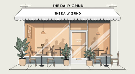 A charming illustration of "The Daily Grind" coffee shop, showcasing its inviting interior with patrons and plants through large glass windows.