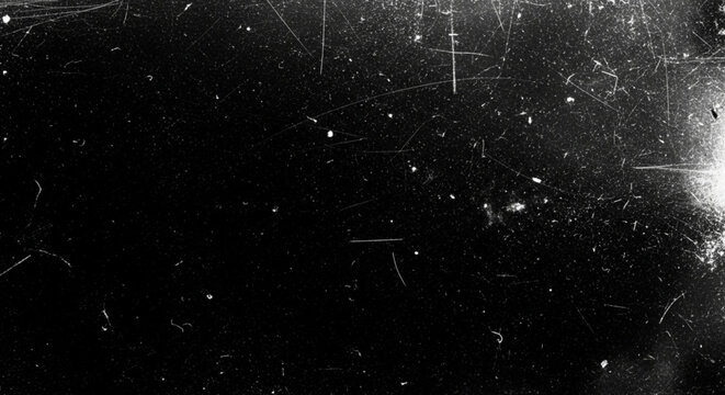 A heavy texture background mimicking old film or scratched glass with white dust particles, speckles, and linear scratches on a black background.