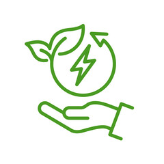 Save energy symbol. Energy icon with green leaf. Eco friendly, environmentally. Eco icon. Save energy with hand logo, label, banner, sign, badge, sticker, line, flat vector, isolated illustration.