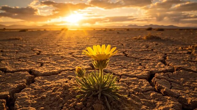 A lone flower blooms in the desolate dry land during a serene sunset capturing the contrast between life and harsh environment from a distant viewpoint