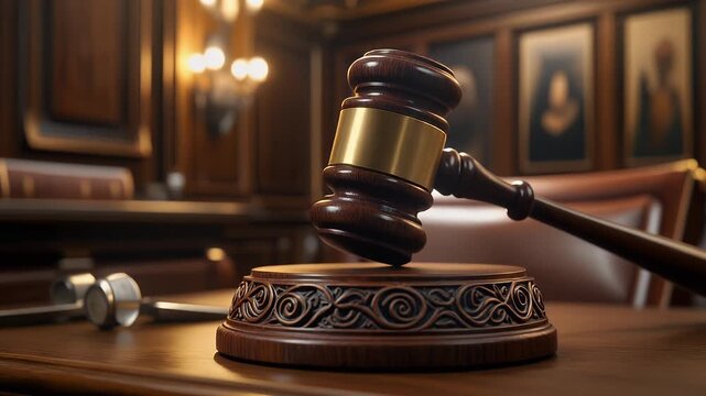 Judicial Gavel on Wooden Desk in Courtroom with Warm Lighting and Leather Chairs