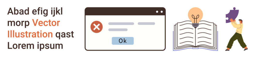 Educational tools, creativity concepts, troubleshooting, online learning, problem-solving, user interface design. Error dialog box, open book person holding puzzle piece. Creativity and online © robu_s