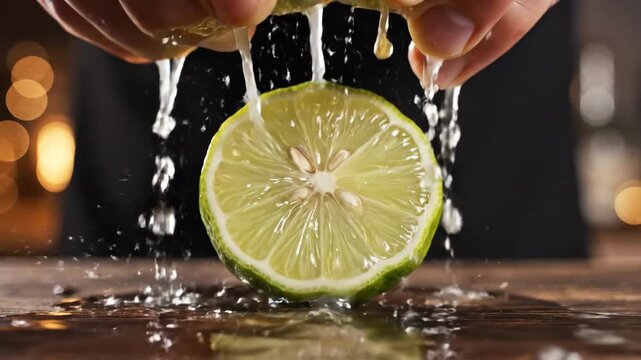 Close up of hands squeezing a fresh lime on a wooden surface with water splashing.