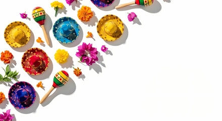 Miniature Mexican sombreros, maracas, and bright flowers are arranged diagonally on a white background with copy space.