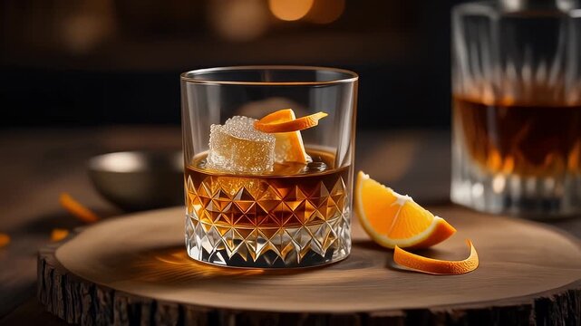Old Fashioned Cocktail With Orange Peel and Ice Served on Wooden Slab