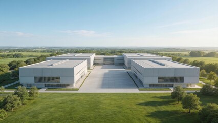 Modern industrial buildings in green landscape
