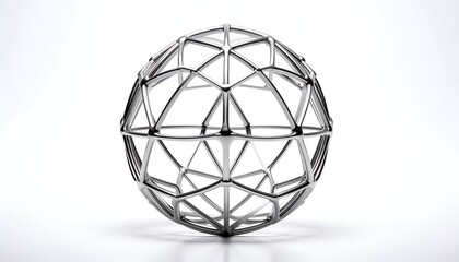 A shiny silver sphere composed of interconnected geometric lines on a white gradient background
