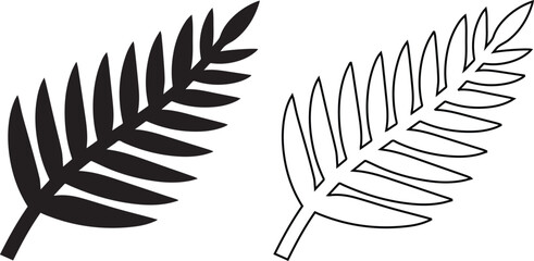 Vector icon set of a tropical fern leaf frond, depicted in solid silhouette and line art outline styles, symbolizing nature, botany, New Zealand culture, and organic forest foliage. © Hasina Akter