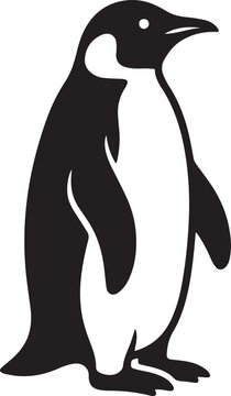 Vector silhouette of a standing emperor penguin in profile view, depicted in a clean black and white minimalist style, symbolizing Antarctic wildlife, cold nature, and flightless birds.