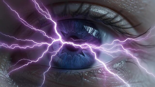 Close up of human eye with electric lightning effect and purple glowing iris surreal concept