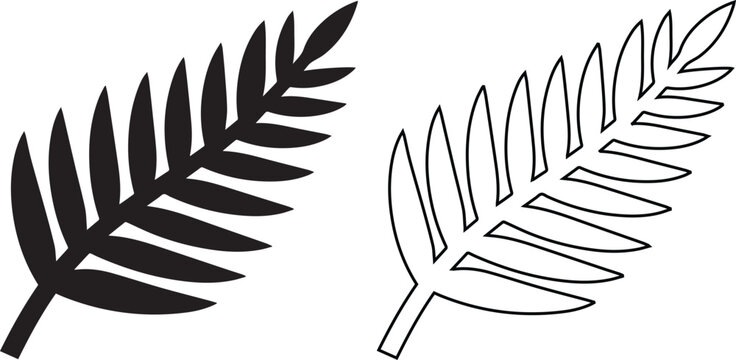 Vector icon set of a tropical fern leaf frond, depicted in solid silhouette and line art outline styles, symbolizing nature, botany, New Zealand culture, and organic forest foliage.