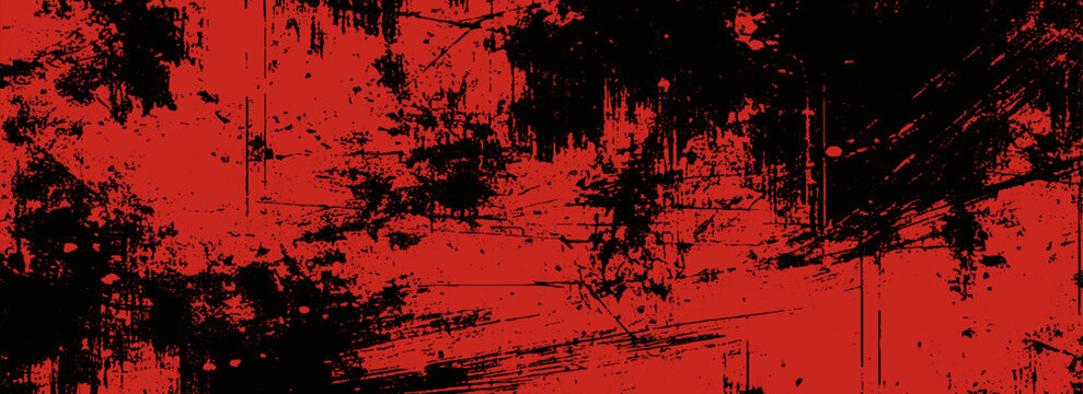 Grungy Halloween red and black background.  Creepy spooky vector hand painted ink banner bg. Sponge stamps, splatter sprinkle texture. Grunge paint stroke design.Eps10
