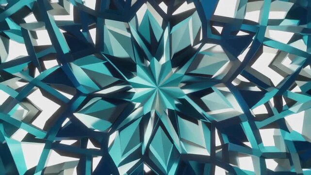 Mesmerizing abstract pattern featuring sharp geometric facets and a kaleidoscopic array of reflective blue and white polygons, evoking a sense of crystalline structure