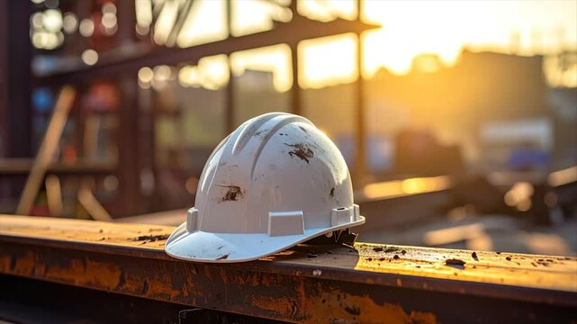 A white construction helmet sits atop a rusted beam, illuminated by the sunset
