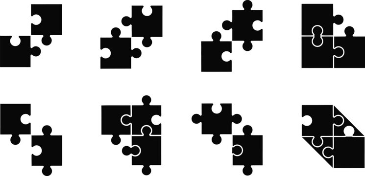Interlocking Puzzle Pieces in Various Configurations on White Background illustration
