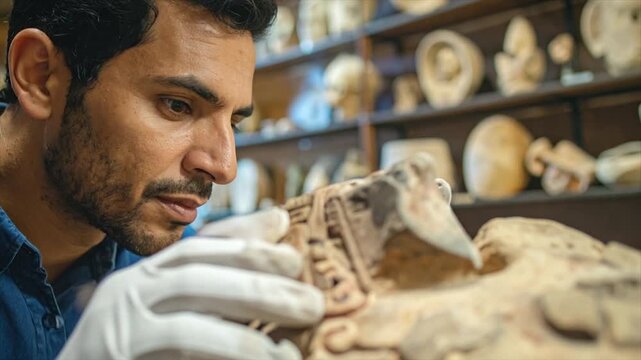 Man examines ancient artifact in gloves, surrounded by museum displays