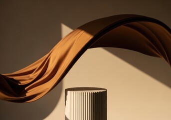 Brown fabric draped over a cylindrical object with shadows on a beige background