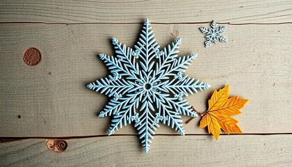Intricate snowflake design with natural elements on rustic wood background,  handmade,  illustration