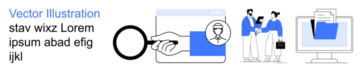 Business data management, information security, file sharing, collaboration, research, and digital search. Magnifying glass, browser people and files . Business data management and information © robu_s