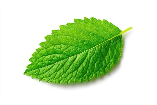 Single Fresh Green Mint Leaf Macro Detail on White Surface Studio Lighting