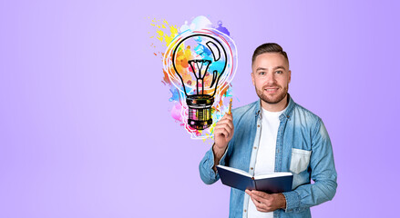 A person holding a notebook near a colorful lightbulb illustration in 2d style on a purple...