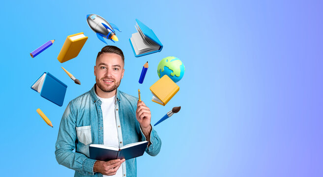 Smiling man holding book with floating school supplies and globe in colorful 2d style on gradient blue background, concept of learning and creativity