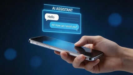 Hand holding smartphone with AI assistant hologram