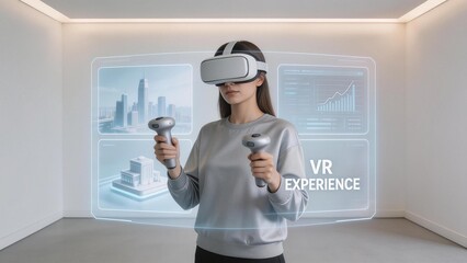 Woman using VR headset with controllers
