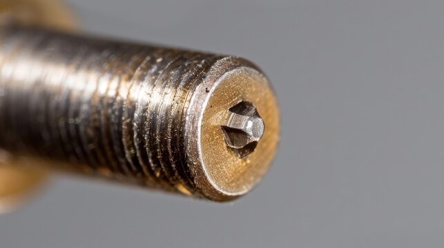 Close-up of a metal screw with intricate design showcasing detailed threading and precise tool engagement feature