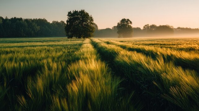 Tranquil field of green grass with trees and soft sunlight during daytime