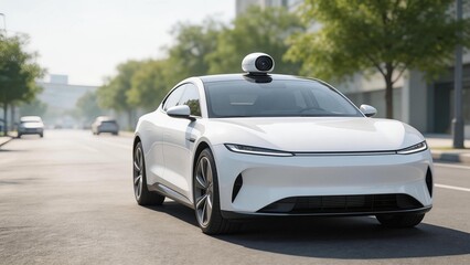 White selfdriving car on city street