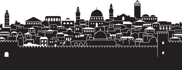 Obraz premium Ancient city silhouette vector skyline with domes and stone walls for vintage line art